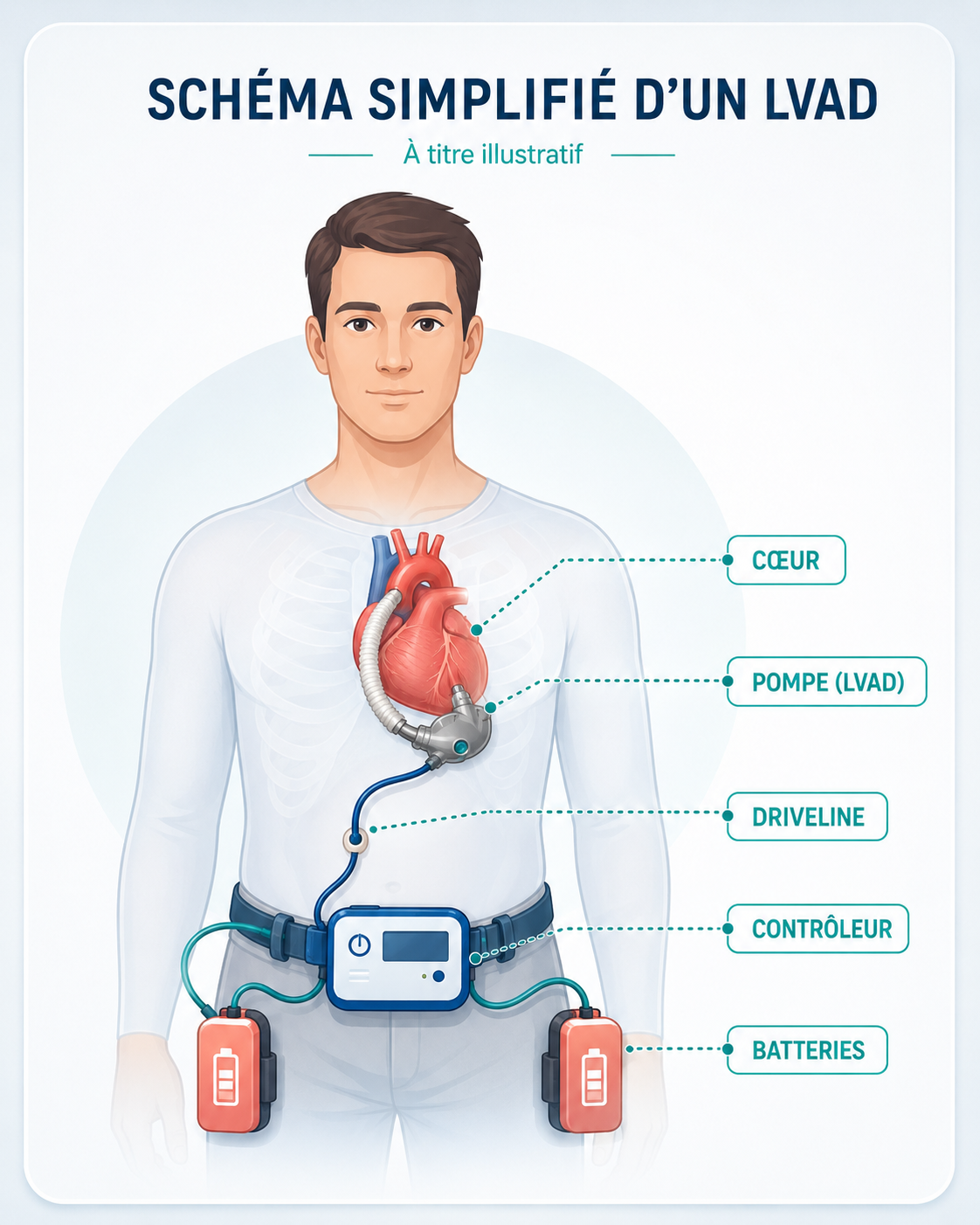 Schéma simplifié d'un LVAD : cœur, pompe, driveline, contrôleur et batteries